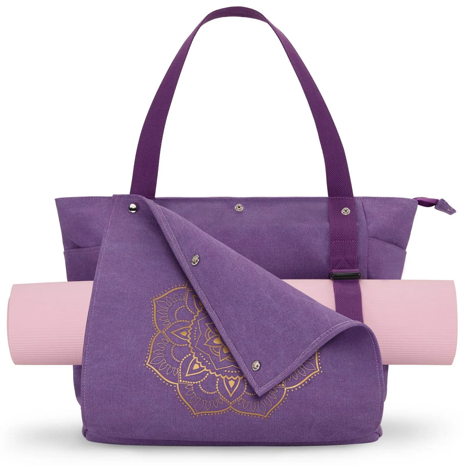 Gonex Yoga Mat Bag, Yoga Gym Bag Tote Bag with Multi Pockets For Women Men, Canvas Yoga Mat Carrier Take in Out Mat Easily For Pilates Travel Workout Office, Purple
