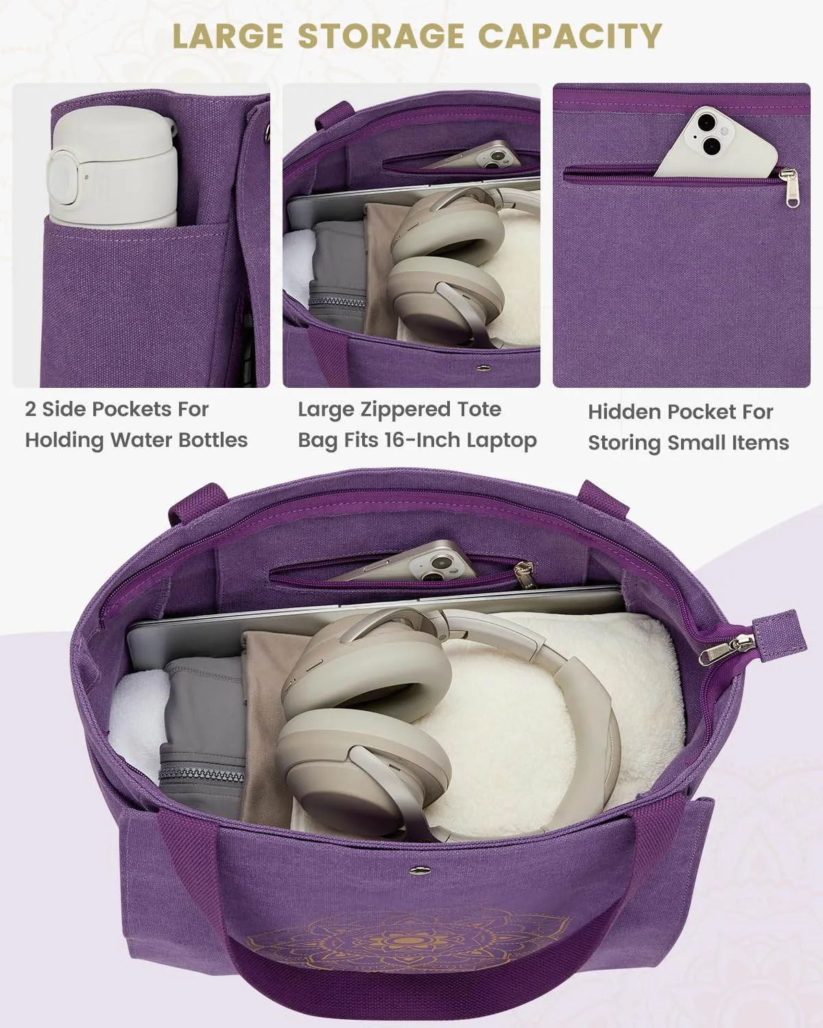 Gonex Yoga Mat Bag, Yoga Gym Bag Tote Bag with Multi Pockets For Women Men, Canvas Yoga Mat Carrier Take in Out Mat Easily For Pilates Travel Workout Office, Purple