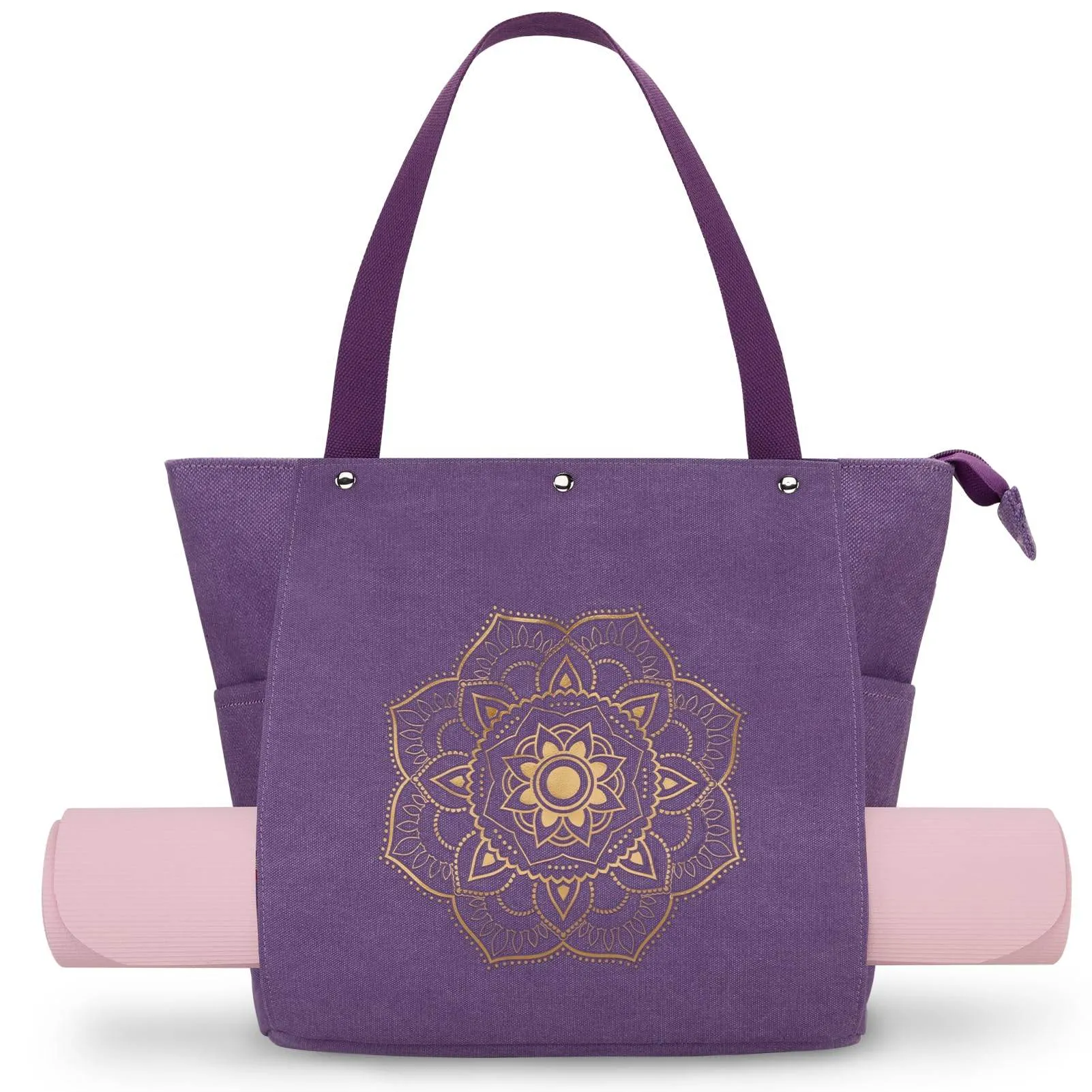Gonex Yoga Mat Bag, Yoga Gym Bag Tote Bag with Multi Pockets For Women Men, Canvas Yoga Mat Carrier Take in Out Mat Easily For Pilates Travel Workout Office, Purple