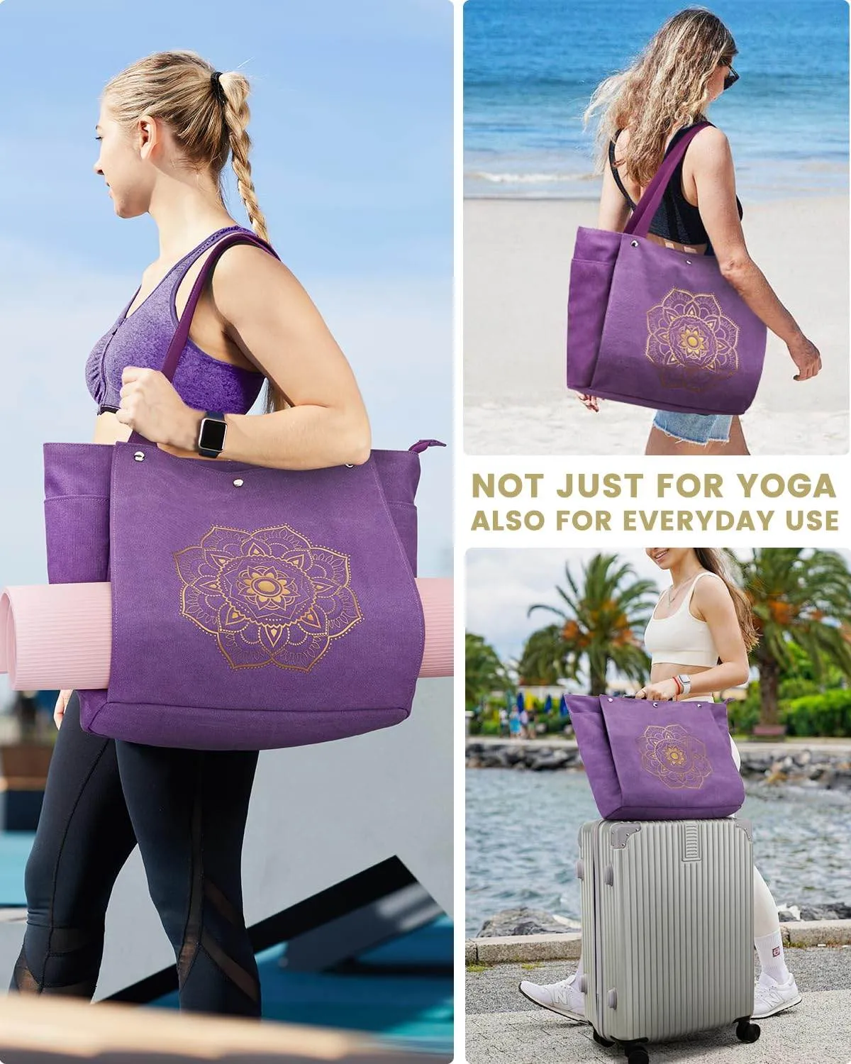 Gonex Yoga Mat Bag, Yoga Gym Bag Tote Bag with Multi Pockets For Women Men, Canvas Yoga Mat Carrier Take in Out Mat Easily For Pilates Travel Workout Office, Purple