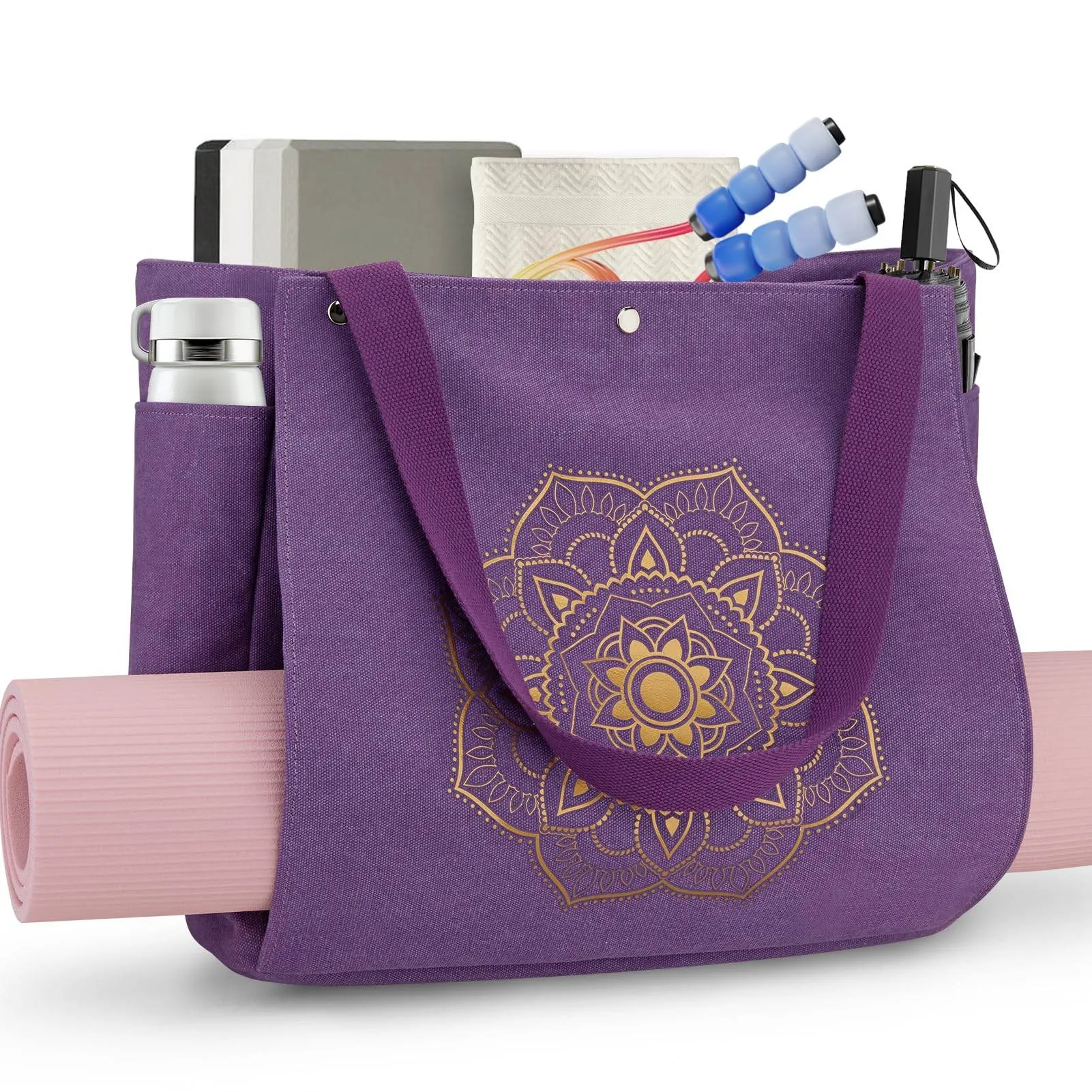 Gonex Yoga Mat Bag, Yoga Gym Bag Tote Bag with Multi Pockets For Women Men, Canvas Yoga Mat Carrier Take in Out Mat Easily For Pilates Travel Workout Office, Purple