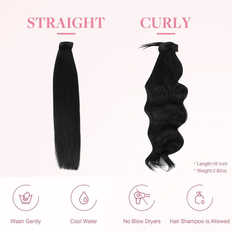 GOO GOO Ponytail Extension, Long Straight Wrap Around Clip in Handmade Real Human Hair for Women,Hair Piece Pony Tail Hair Extensions Hairpieces for Girls,Jet black#1, 75g 14inch