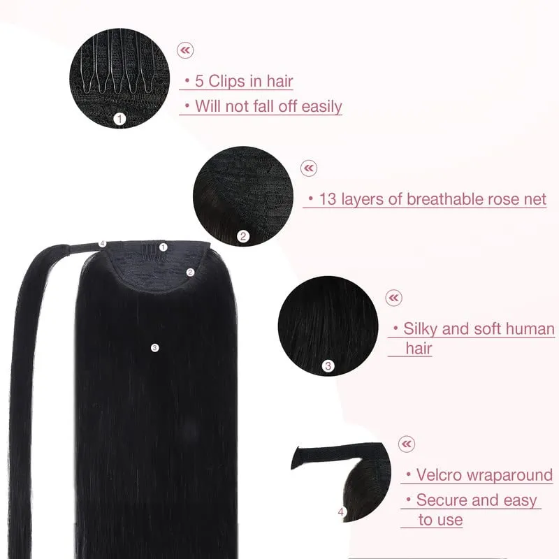 GOO GOO Ponytail Extension, Long Straight Wrap Around Clip in Handmade Real Human Hair for Women,Hair Piece Pony Tail Hair Extensions Hairpieces for Girls,Jet black#1, 75g 14inch