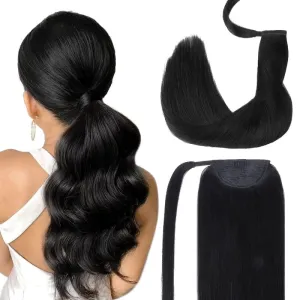 GOO GOO Ponytail Extension, Long Straight Wrap Around Clip in Handmade Real Human Hair for Women,Hair Piece Pony Tail Hair Extensions Hairpieces for Girls,Jet black#1, 75g 14inch
