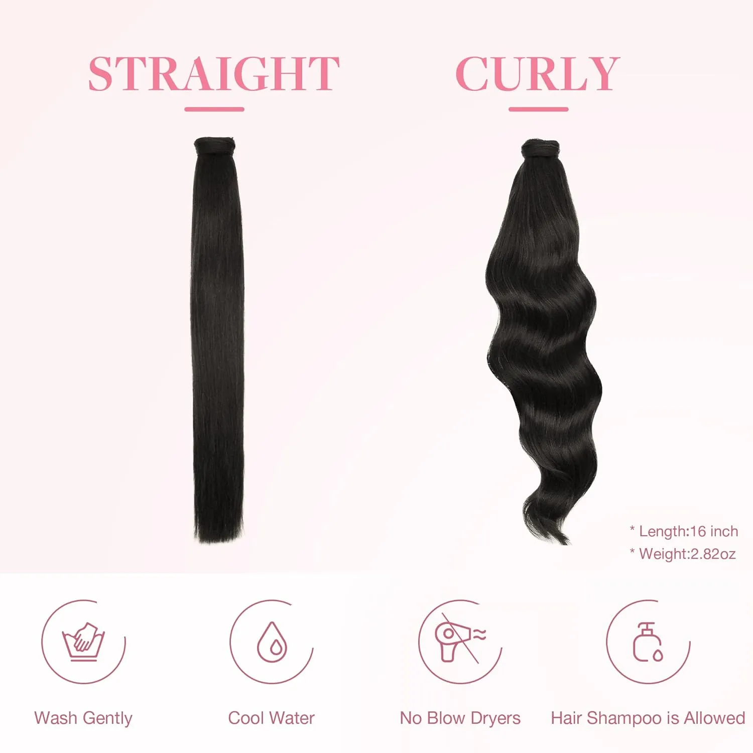 GOO GOO Ponytail Extension, Long Straight Wrap Around Clip in Handmade Real Human Hair for Women,Hair Piece Pony Tail Hair Extensions Hairpieces for Girls,Natural Black #1B, 80g 16inch