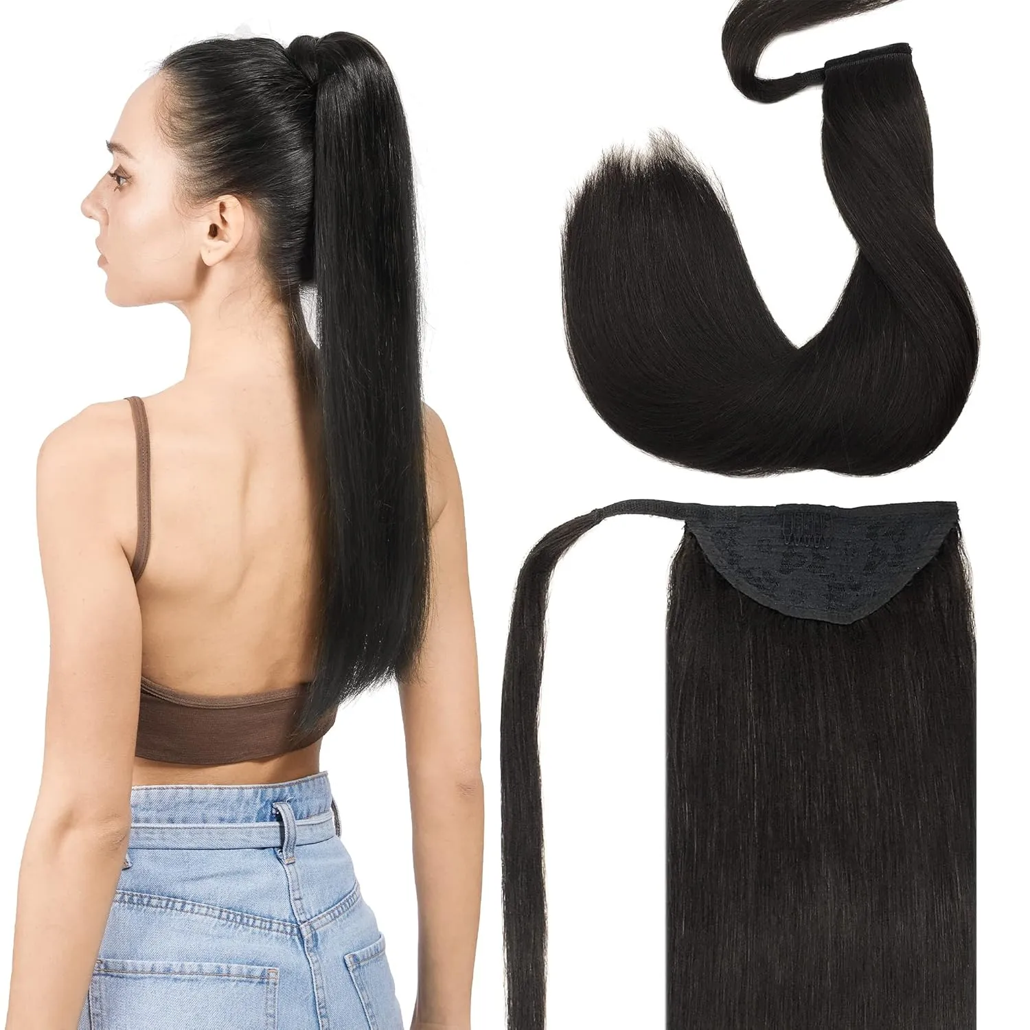 GOO GOO Ponytail Extension, Long Straight Wrap Around Clip in Handmade Real Human Hair for Women,Hair Piece Pony Tail Hair Extensions Hairpieces for Girls,Natural Black #1B, 80g 16inch