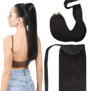 GOO GOO Ponytail Extension, Long Straight Wrap Around Clip in Handmade Real Human Hair for Women,Hair Piece Pony Tail Hair Extensions Hairpieces for Girls,Natural Black #1B, 80g 16inch
