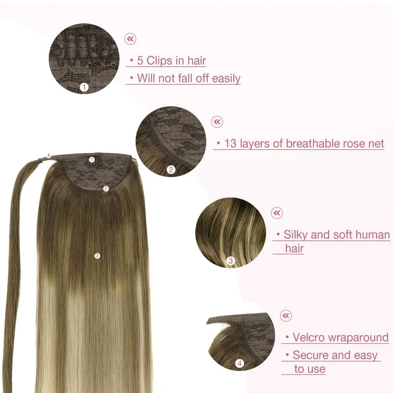 GOO GOO Ponytail Extension, Long Straight Wrap Around Clip in Handmade Real Human Hair for Women,Hair Piece Pony Tail Hair Extensions Hairpieces for Girls,Walnut Brown to Ash Brown and Bleach Blonde#3/8/613, 80g 16inch