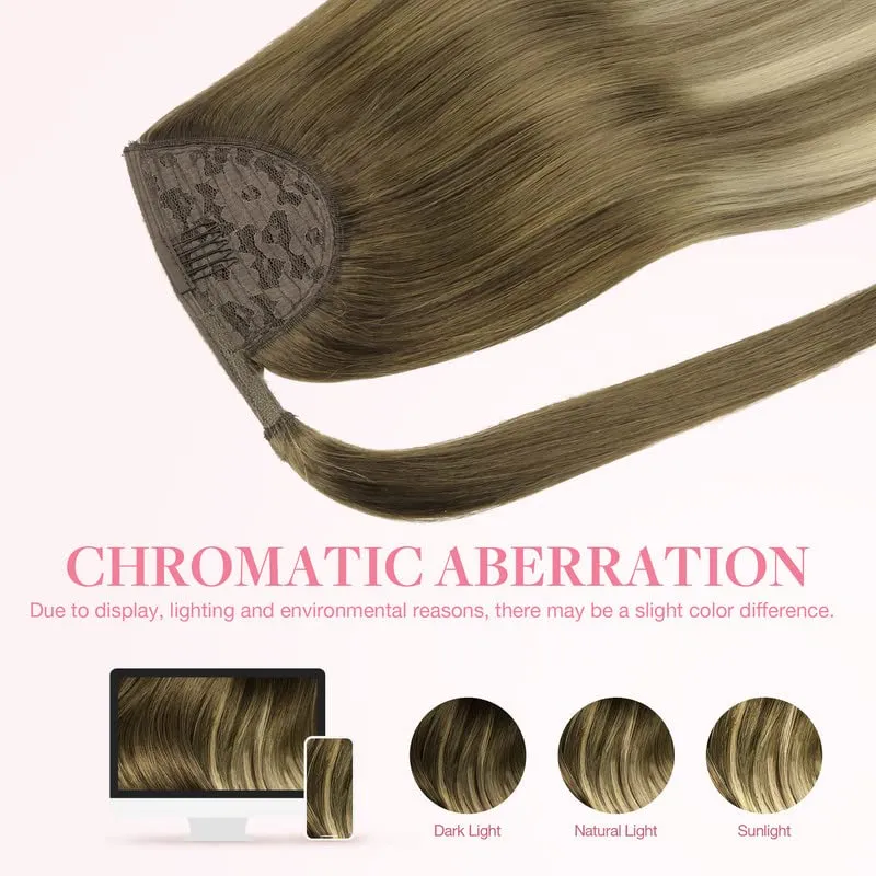 GOO GOO Ponytail Extension, Long Straight Wrap Around Clip in Handmade Real Human Hair for Women,Hair Piece Pony Tail Hair Extensions Hairpieces for Girls,Walnut Brown to Ash Brown and Bleach Blonde#3/8/613, 80g 16inch