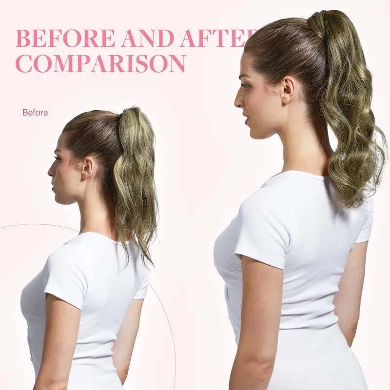 GOO GOO Ponytail Extension, Long Straight Wrap Around Clip in Handmade Real Human Hair for Women,Hair Piece Pony Tail Hair Extensions Hairpieces for Girls,Walnut Brown to Ash Brown and Bleach Blonde#3/8/613, 80g 16inch