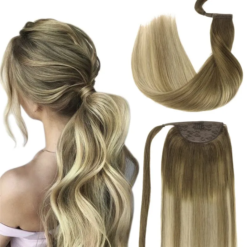 GOO GOO Ponytail Extension, Long Straight Wrap Around Clip in Handmade Real Human Hair for Women,Hair Piece Pony Tail Hair Extensions Hairpieces for Girls,Walnut Brown to Ash Brown and Bleach Blonde#3/8/613, 80g 16inch