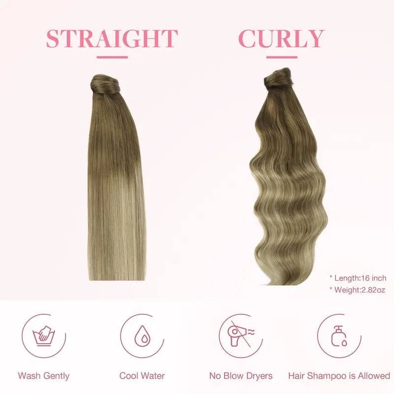 GOO GOO Ponytail Extension, Long Straight Wrap Around Clip in Handmade Real Human Hair for Women,Hair Piece Pony Tail Hair Extensions Hairpieces for Girls,Walnut Brown to Ash Brown and Bleach Blonde#3/8/613, 80g 16inch
