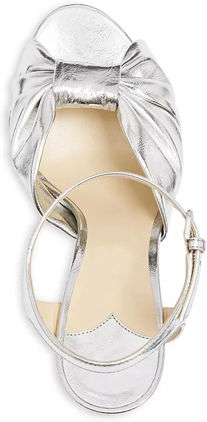 Goolita Bow Metallic Platform Heels for Women, Chunky Buckle Ankle Strap Heeled Sandals Sexy Peep Toe Wedding Bridal Shoes