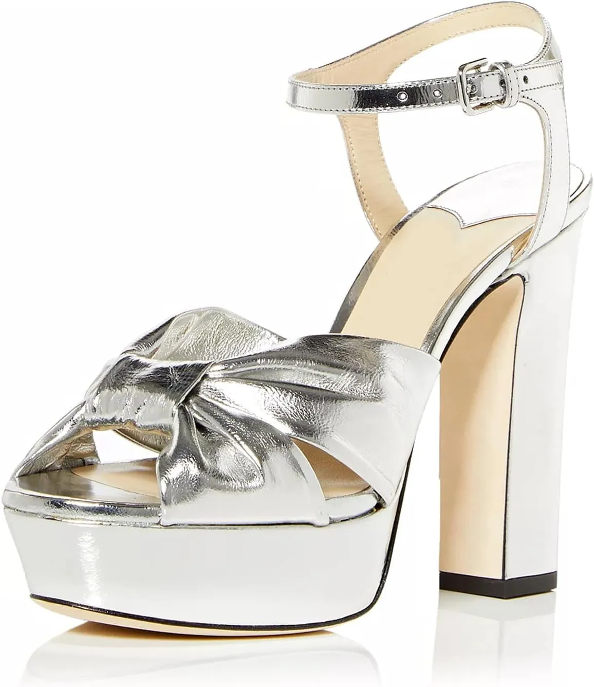 Goolita Bow Metallic Platform Heels for Women, Chunky Buckle Ankle Strap Heeled Sandals Sexy Peep Toe Wedding Bridal Shoes