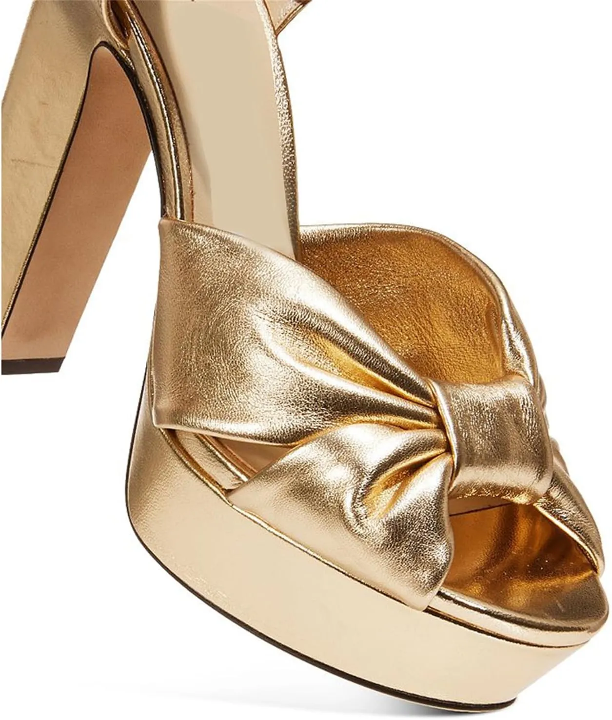 Goolita Bow Metallic Platform Heels for Women, Chunky Buckle Ankle Strap Heeled Sandals Sexy Peep Toe Wedding Bridal Shoes