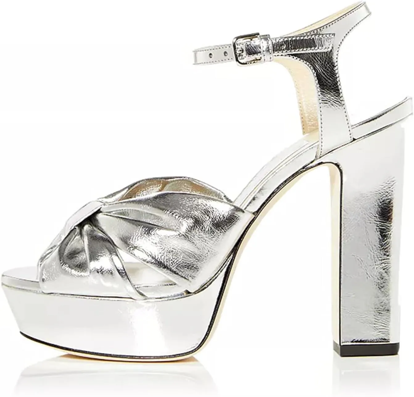 Goolita Bow Metallic Platform Heels for Women, Chunky Buckle Ankle Strap Heeled Sandals Sexy Peep Toe Wedding Bridal Shoes