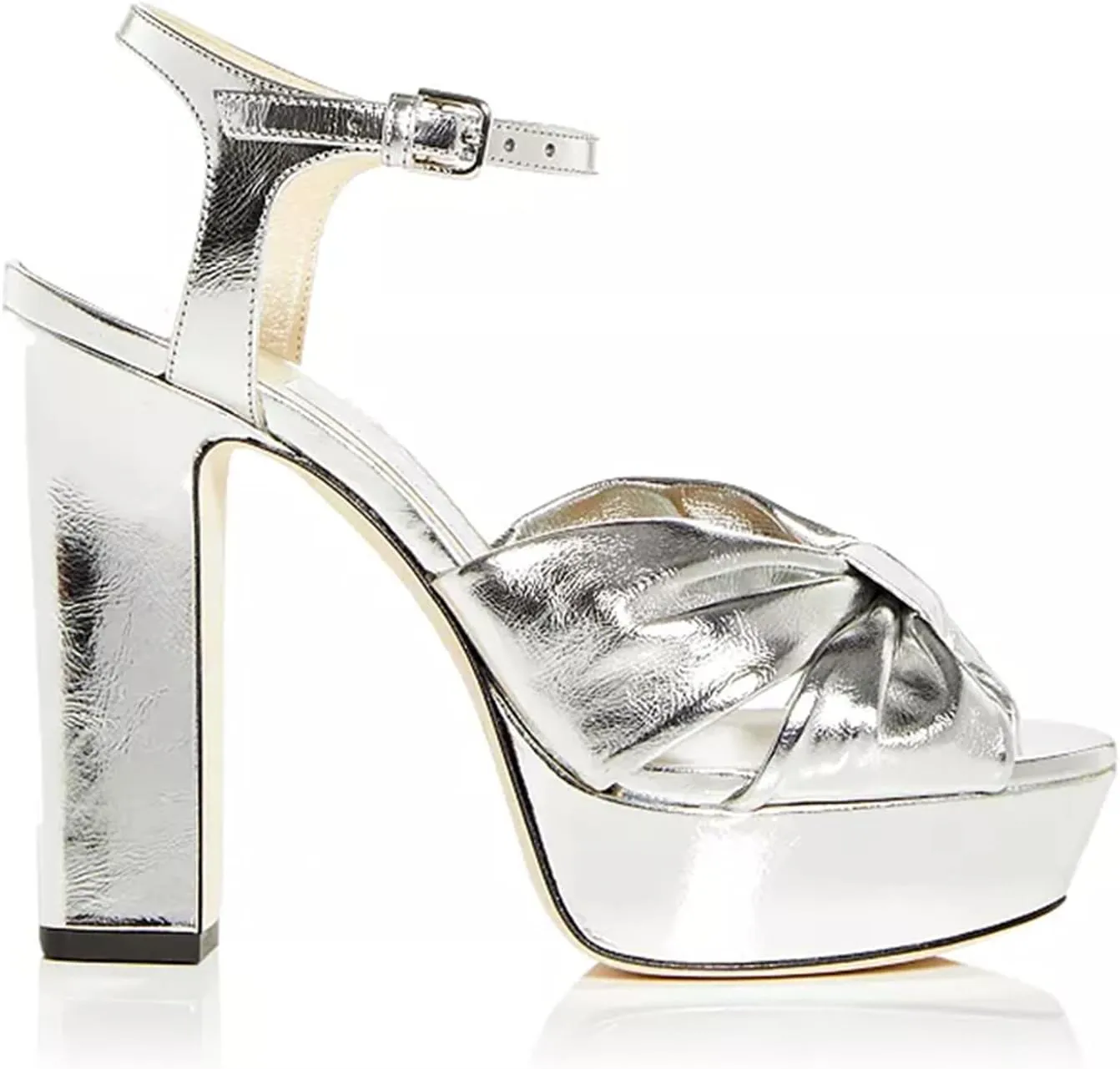Goolita Bow Metallic Platform Heels for Women, Chunky Buckle Ankle Strap Heeled Sandals Sexy Peep Toe Wedding Bridal Shoes