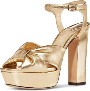 Goolita Bow Metallic Platform Heels for Women, Chunky Buckle Ankle Strap Heeled Sandals Sexy Peep Toe Wedding Bridal Shoes