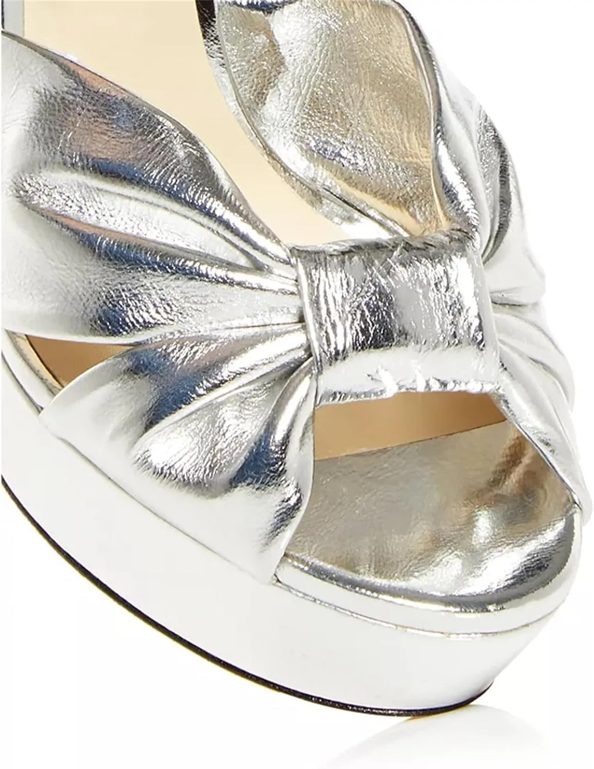 Goolita Bow Metallic Platform Heels for Women, Chunky Buckle Ankle Strap Heeled Sandals Sexy Peep Toe Wedding Bridal Shoes