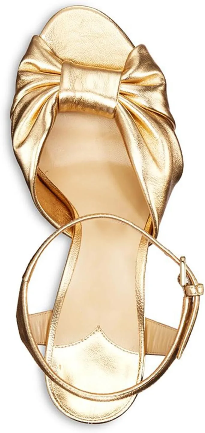 Goolita Bow Metallic Platform Heels for Women, Chunky Buckle Ankle Strap Heeled Sandals Sexy Peep Toe Wedding Bridal Shoes