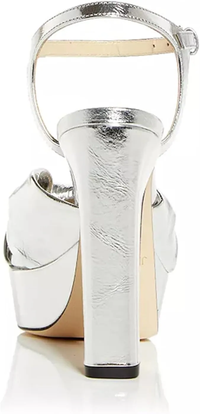 Goolita Bow Metallic Platform Heels for Women, Chunky Buckle Ankle Strap Heeled Sandals Sexy Peep Toe Wedding Bridal Shoes