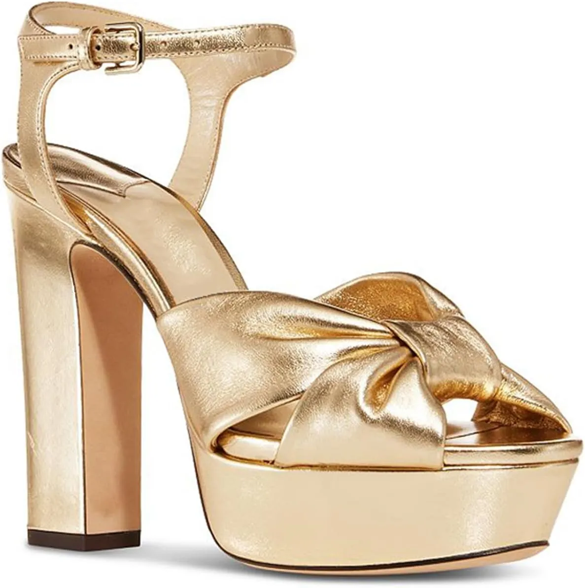 Goolita Bow Metallic Platform Heels for Women, Chunky Buckle Ankle Strap Heeled Sandals Sexy Peep Toe Wedding Bridal Shoes