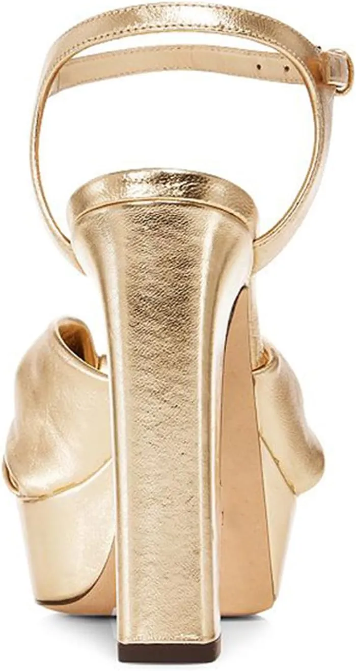 Goolita Bow Metallic Platform Heels for Women, Chunky Buckle Ankle Strap Heeled Sandals Sexy Peep Toe Wedding Bridal Shoes