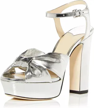 Goolita Bow Metallic Platform Heels for Women, Chunky Buckle Ankle Strap Heeled Sandals Sexy Peep Toe Wedding Bridal Shoes