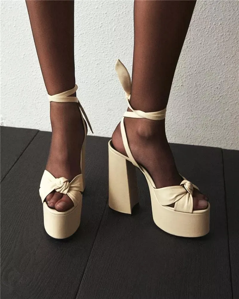 Goolita Metallic Lace Up Chunky Heel Platform Heels For Women Open Toe Slingback Ankle Strap Heeled Sandals Bow Sexy Fashion Evening Party Shoes