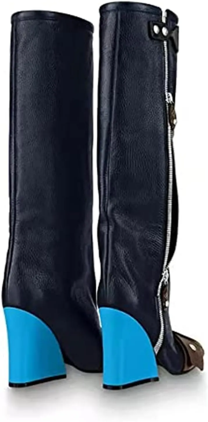 Goolita Women's Wedge Heel Knee High Boots Square Toe Side Zipper Metallic Rivet Comfortable Dress Boots
