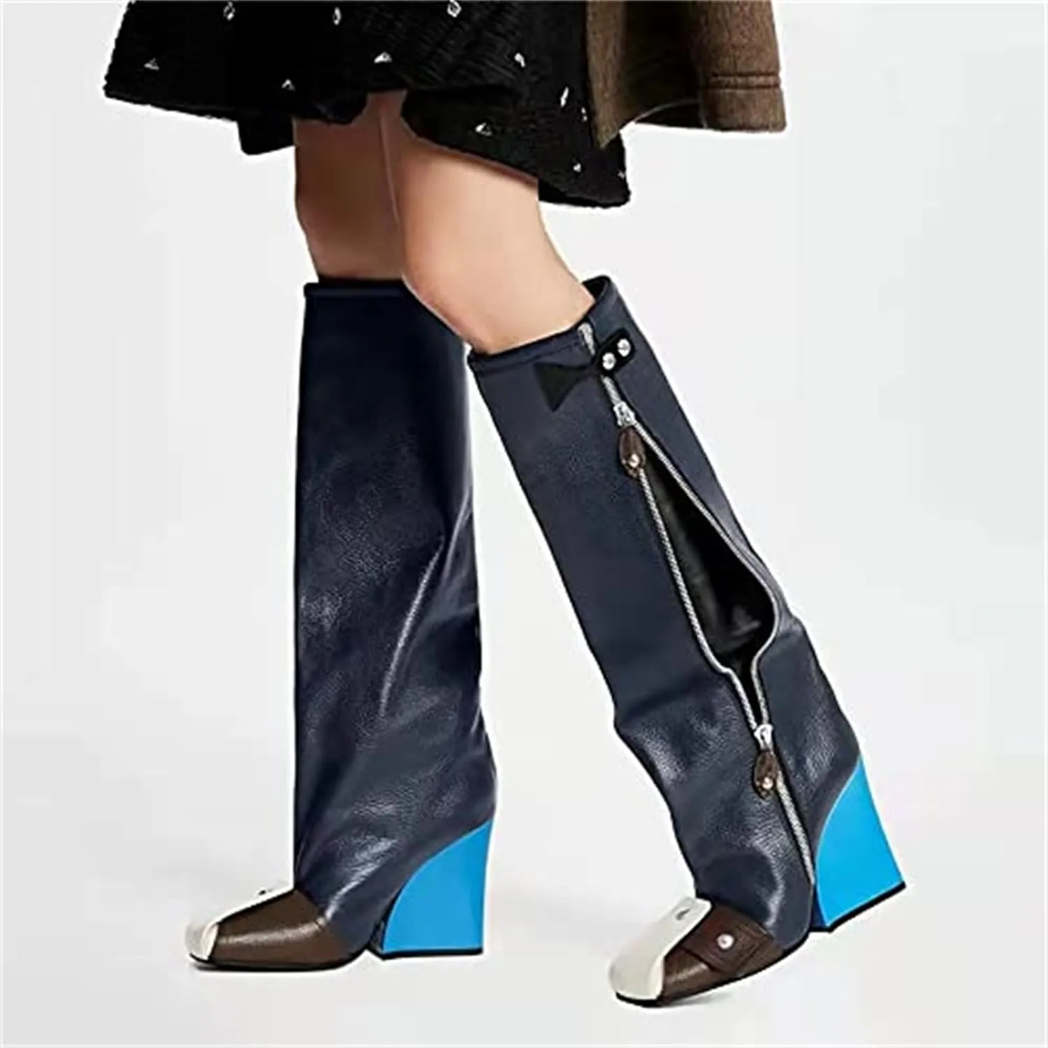 Goolita Women's Wedge Heel Knee High Boots Square Toe Side Zipper Metallic Rivet Comfortable Dress Boots
