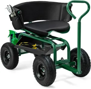 Goplus Garden Seat with Wheels, Rolling Gardening Stool with Adjustable 360° Swivel Seat, Tool Tray & Storage Basket, Extendable Handle, Outdoor Gardening Scooter, Garden Cart Workseat for Seniors