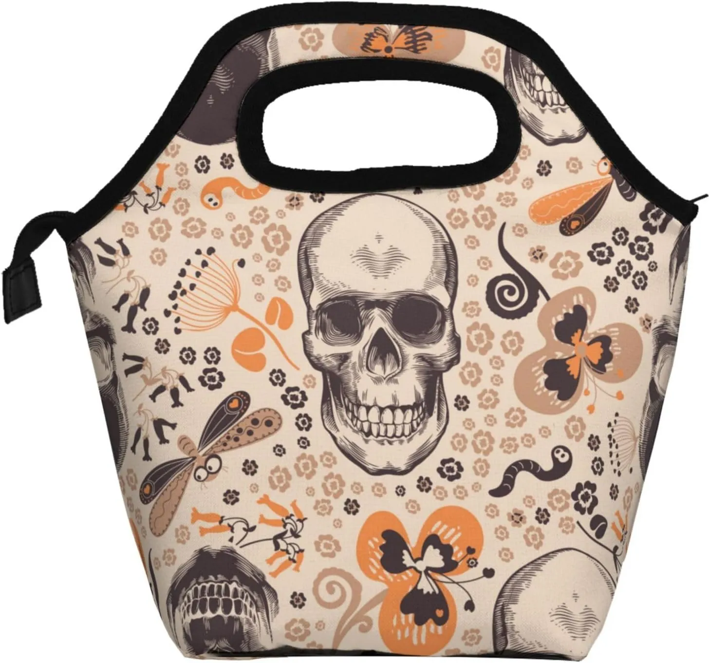 Gorgeous floral skeleton skulls woodcut retro Insulated Lunch box Food Bag Handbag lunchbox Cooler warm Pouch Tote bag