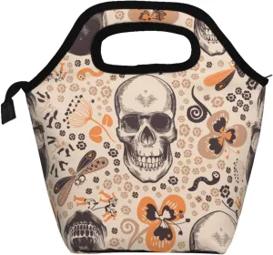 Gorgeous floral skeleton skulls woodcut retro Insulated Lunch box Food Bag Handbag lunchbox Cooler warm Pouch Tote bag