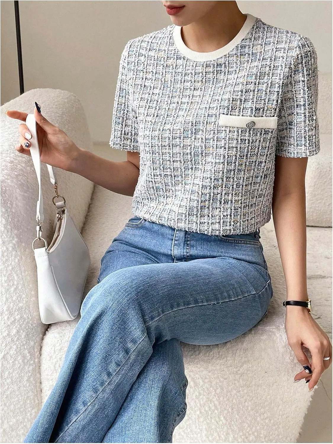 GORGLITTER Women's Plaid Print Tweed T Shirt Button Front Crew Neck Short Sleeve Tee Shirts