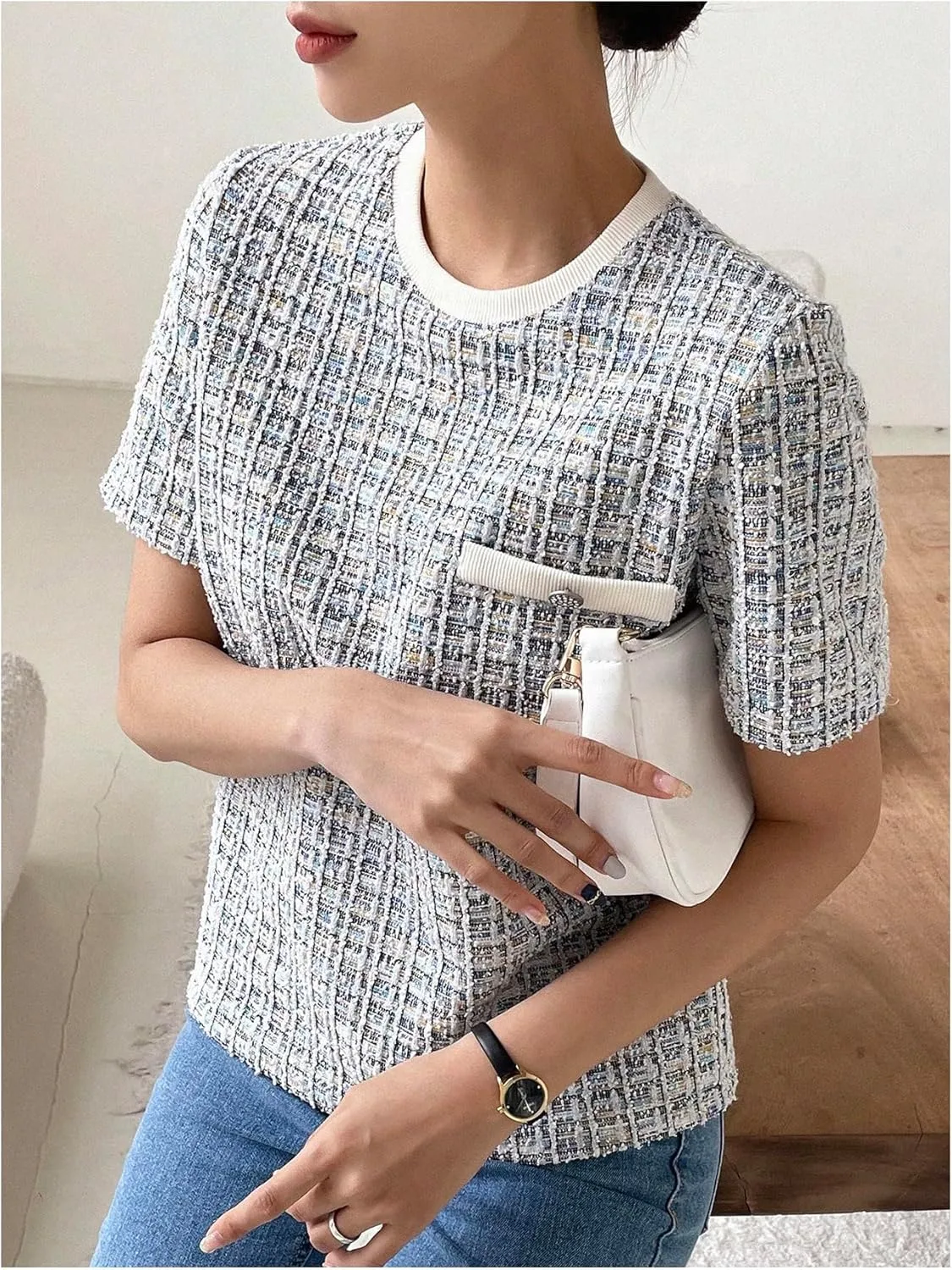 GORGLITTER Women's Plaid Print Tweed T Shirt Button Front Crew Neck Short Sleeve Tee Shirts
