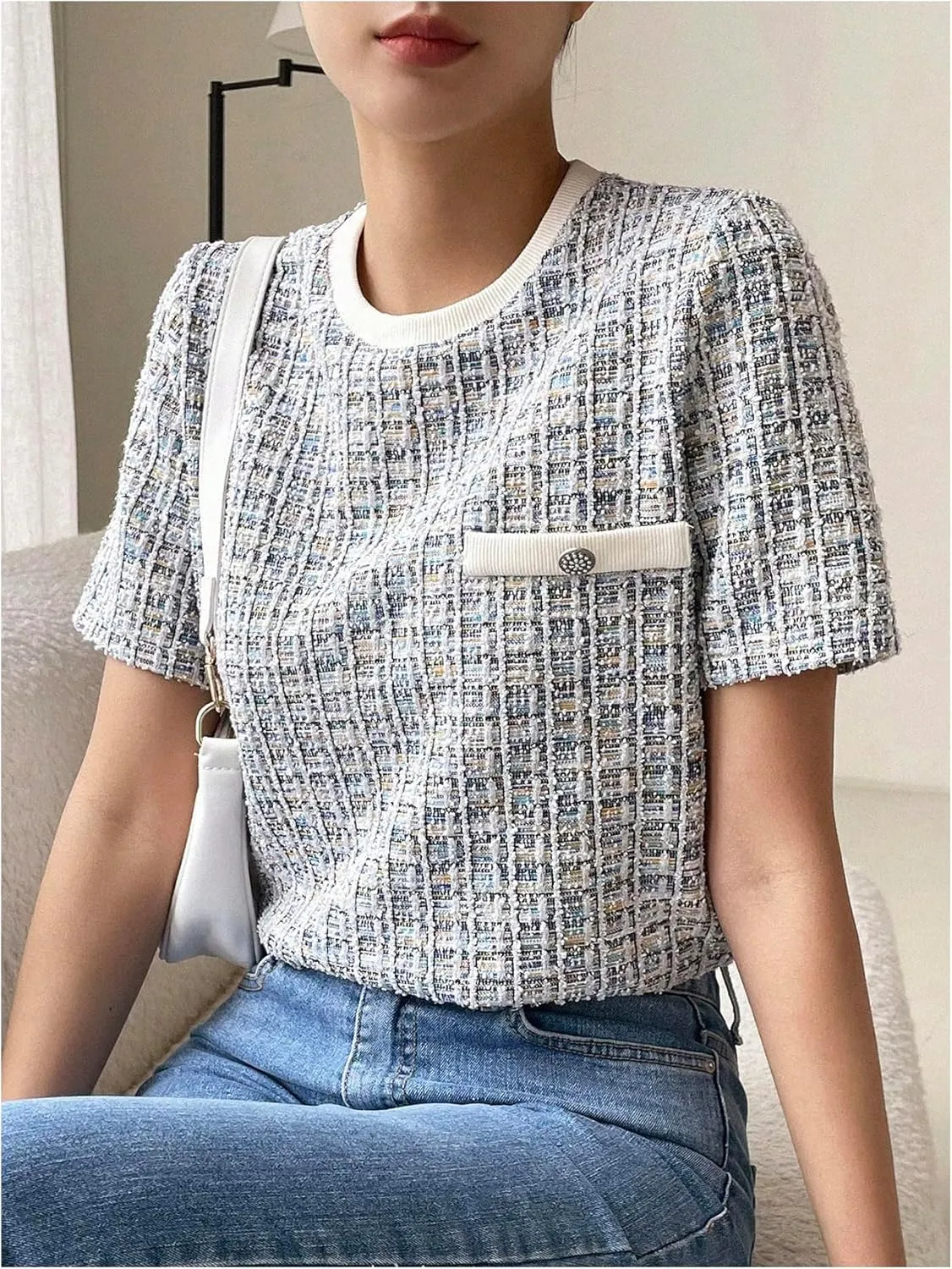 GORGLITTER Women's Plaid Print Tweed T Shirt Button Front Crew Neck Short Sleeve Tee Shirts