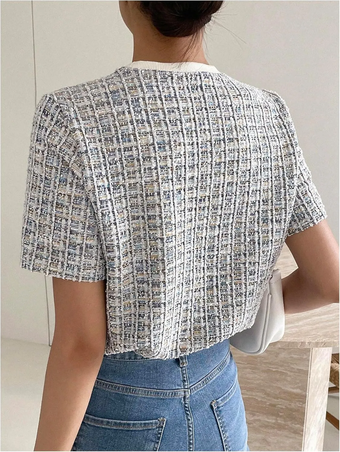 GORGLITTER Women's Plaid Print Tweed T Shirt Button Front Crew Neck Short Sleeve Tee Shirts