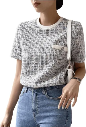 GORGLITTER Women's Plaid Print Tweed T Shirt Button Front Crew Neck Short Sleeve Tee Shirts