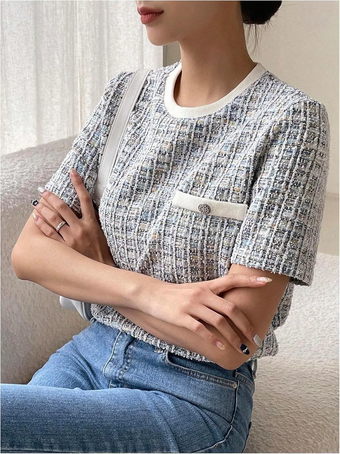 GORGLITTER Women's Plaid Print Tweed T Shirt Button Front Crew Neck Short Sleeve Tee Shirts