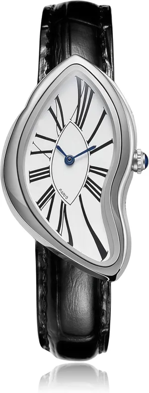 Gosasa Creative Melting Luxury Unisex Watch Stylish Analog Quartz Wristwatch with Genuine Leather Strap, Roman Numeral Dial, Waterproof, Business Casual Dress Watch
