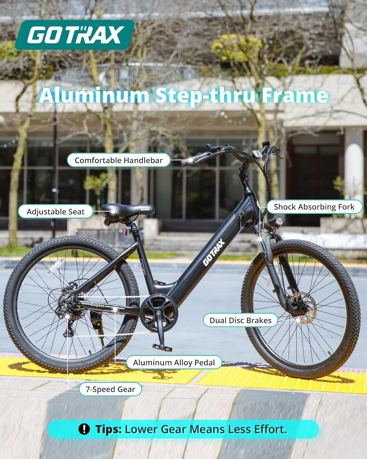 Gotrax Dolphin 26" Electric Bike, Max Range 30Miles(Pedal-assist1) & 20Mph Power by Peak 500W, 5 Pedal-Assist Levels & Front Suspension, 7-Speed&Boost Mode, City E-Bike for Adult, Step-Thru Bicycle