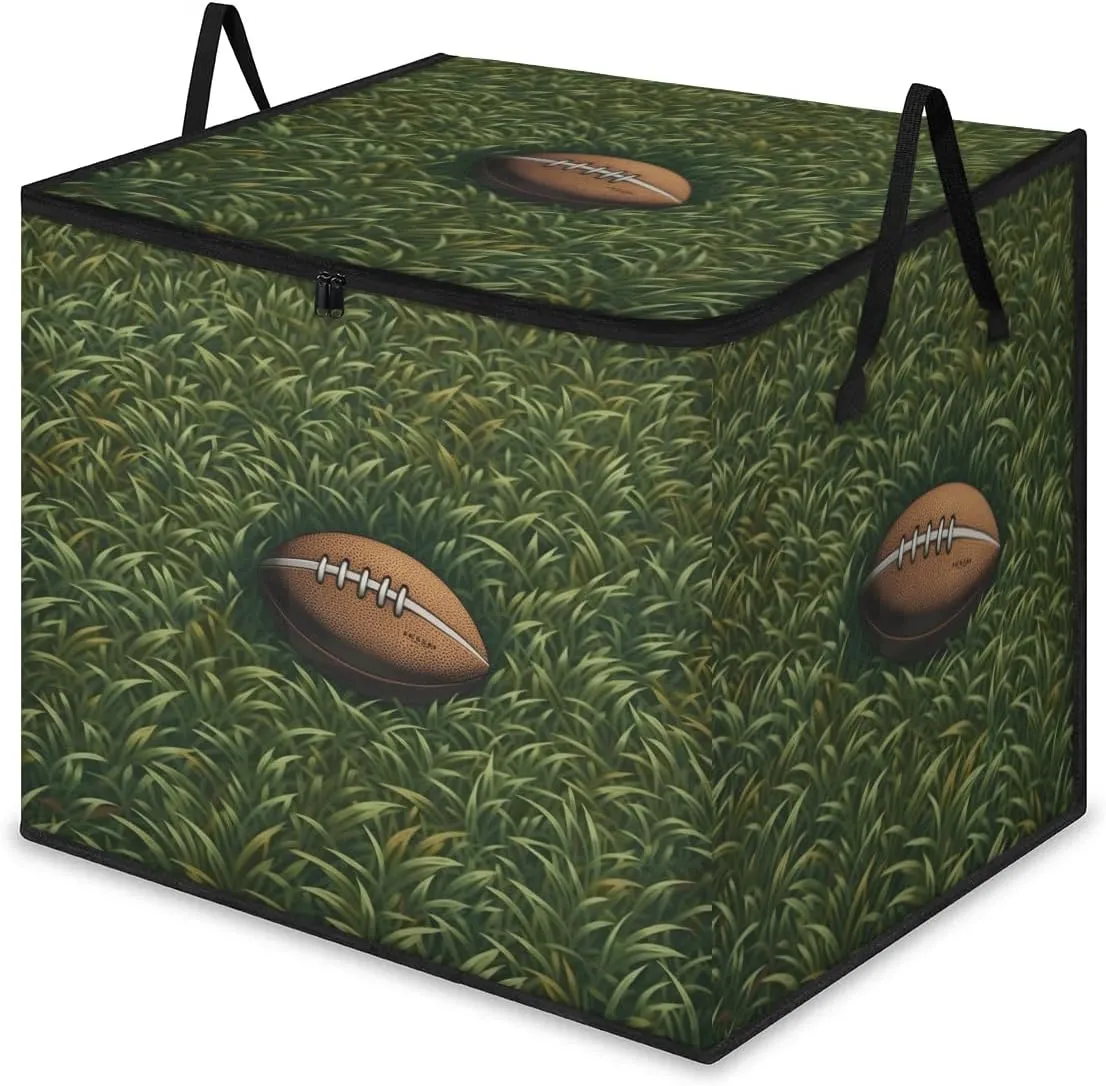 Grassland Football Large Storage Bags Brown Soccer Foldable Clothes Storage Bins Blanket Organizers Storage Containers with Reinforced Handles for Closet Comforter Pillow Bedding