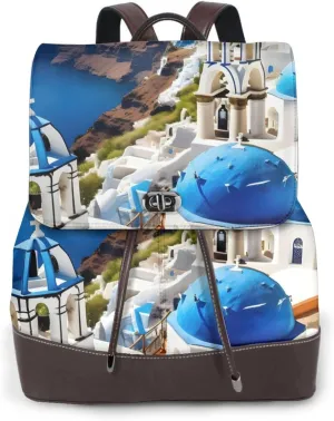 Greek Island Sea View Print Women'S Leather Backpack Versatile Chic Handbag Fashion Backpack Women Travel Work