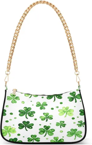 Green Clover Shamrock Leaves Shoulder Handbags for Women Travel Hobo Tote Handbag St. Patrick's Day Women Gold Chain Shoulder Bags Purse with Zipper Closure