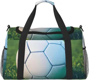 Green Soccer Ball On Grassy Print Travel Hand Travel Bag Weekender Overnight Carry On Tote Foldable Crossbody Bag