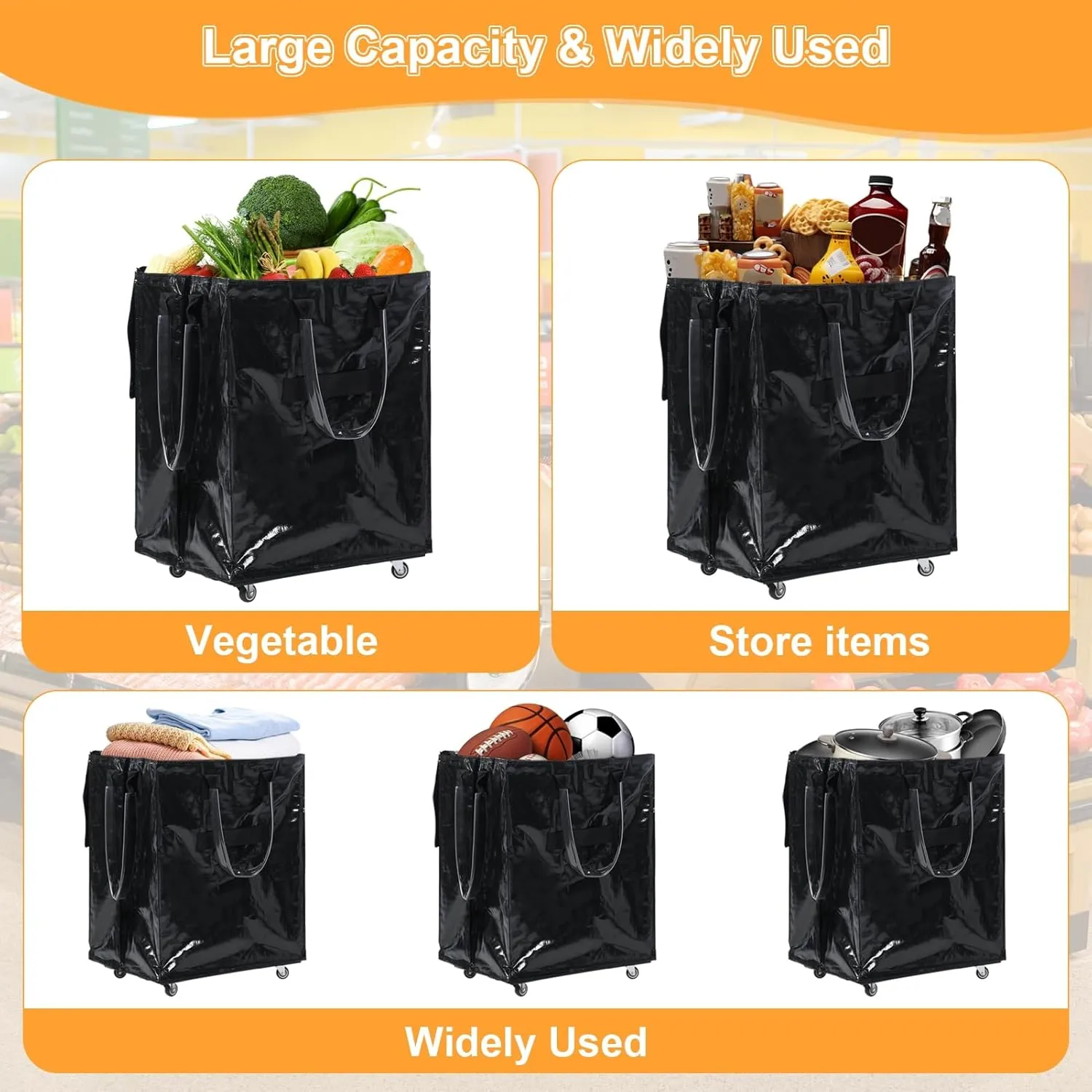 Grocery Bag on Wheels Reusable Rolling Shopping Bag, Rolling Tote Bags with Unbreakable Ergonomic Handles, Collapsible Shopping Trolley, Rolling Tote, Zipper Closure Black Large
