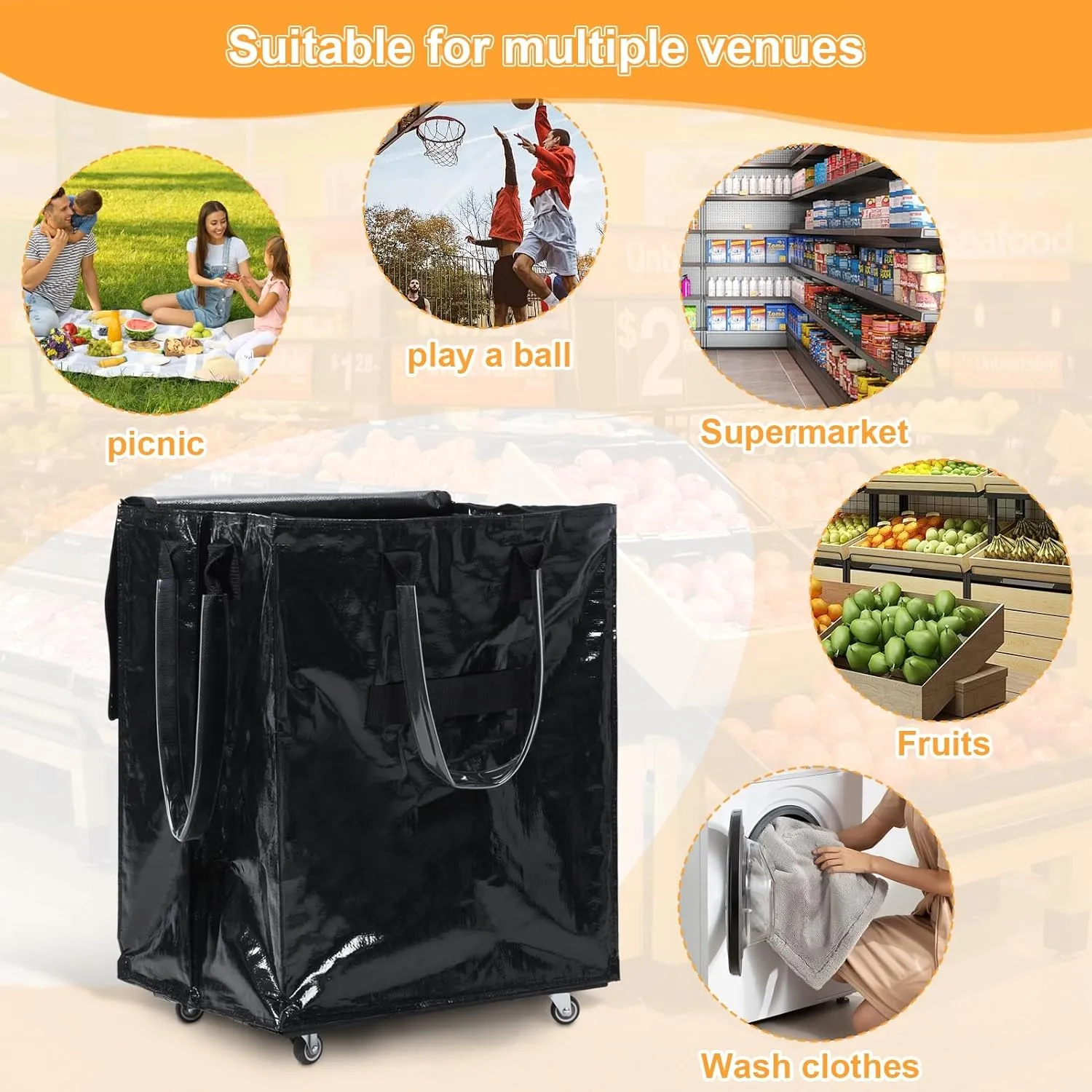 Grocery Bag on Wheels Reusable Rolling Shopping Bag, Rolling Tote Bags with Unbreakable Ergonomic Handles, Collapsible Shopping Trolley, Rolling Tote, Zipper Closure Black Large