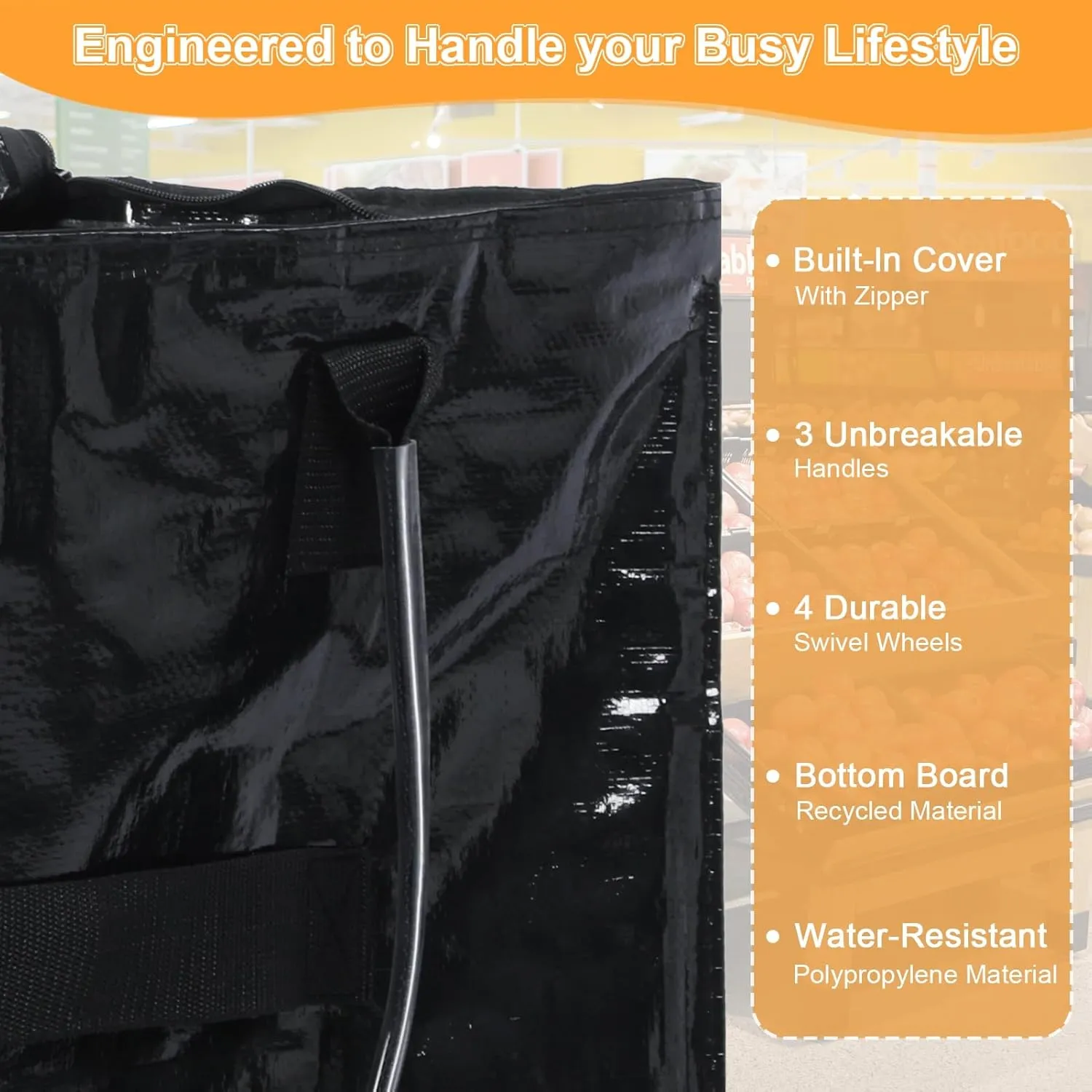 Grocery Bag on Wheels Reusable Rolling Shopping Bag, Rolling Tote Bags with Unbreakable Ergonomic Handles, Collapsible Shopping Trolley, Rolling Tote, Zipper Closure Black Large