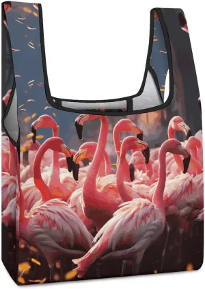 Grocery Bag Reusable Tote Bag Foldable Flamingos Partying Shopping Bag Handbag Washable Shoulder Bag for Travel